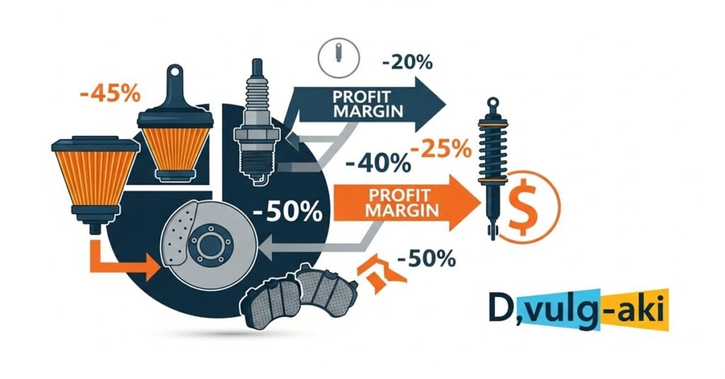 Infográfico com ícones de peças automotivas conectados a indicadores percentuais de lucro, demonstrando visualmente o potencial financeiro da revenda de peças automotivas.