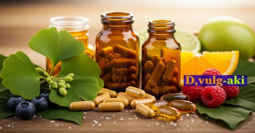 Suplementos de vitaminas para a visão em cápsulas ao lado de alimentos naturais ricos em nutrientes oculares.