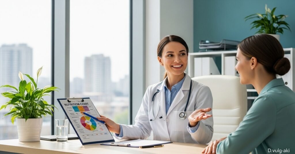 Nutricionista orientando paciente sobre suplementos para uso prolongado de forma segura.