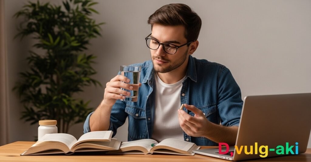 Jovem estudante concentrado segurando suplemento e copo de água em mesa de estudos — foco e memória aprimorados com suplementação natural.